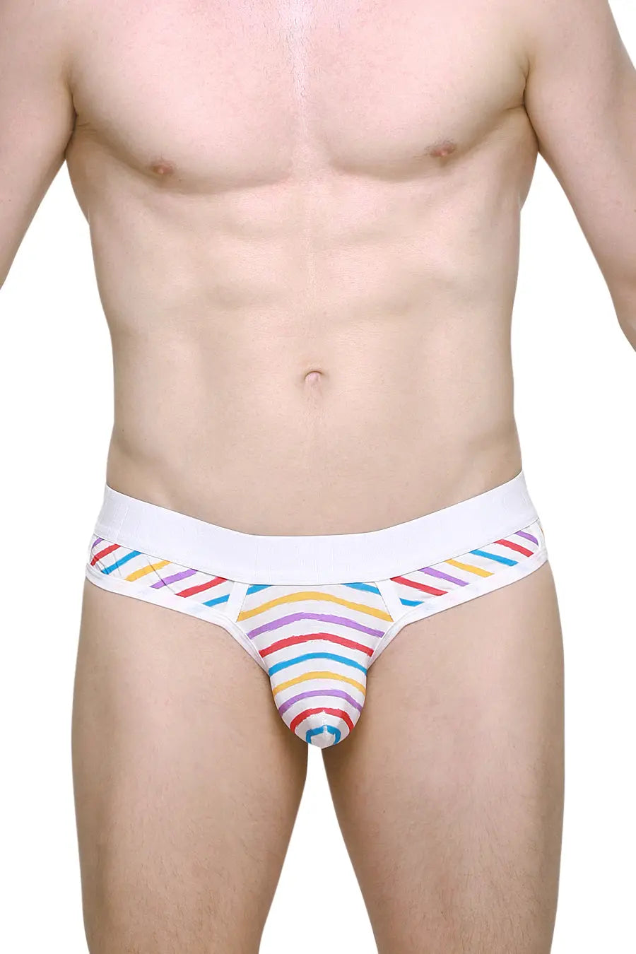 Men's G-string featuring colorful candy stripes white waistband shown on a model by PetitQ