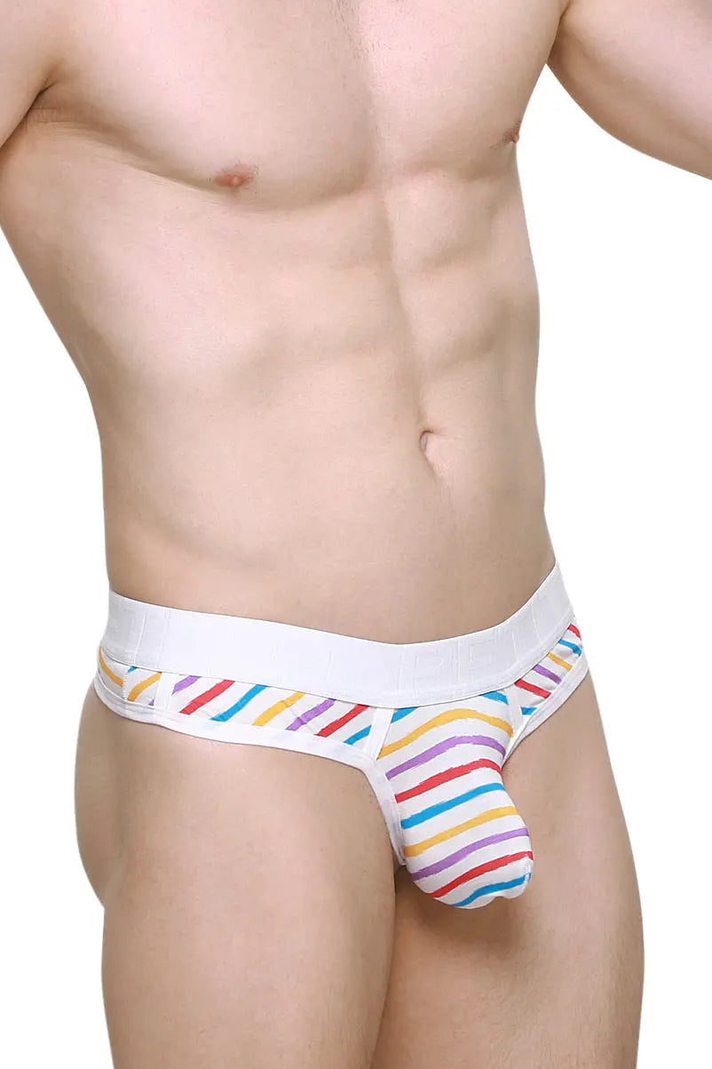 Men's G-string in candy stripes with a white waistband featuring colorful horizontal stripes by PetitQ