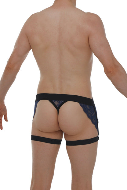Navy lace g-string lurris with matching black lace thong and leg straps shown from the back side