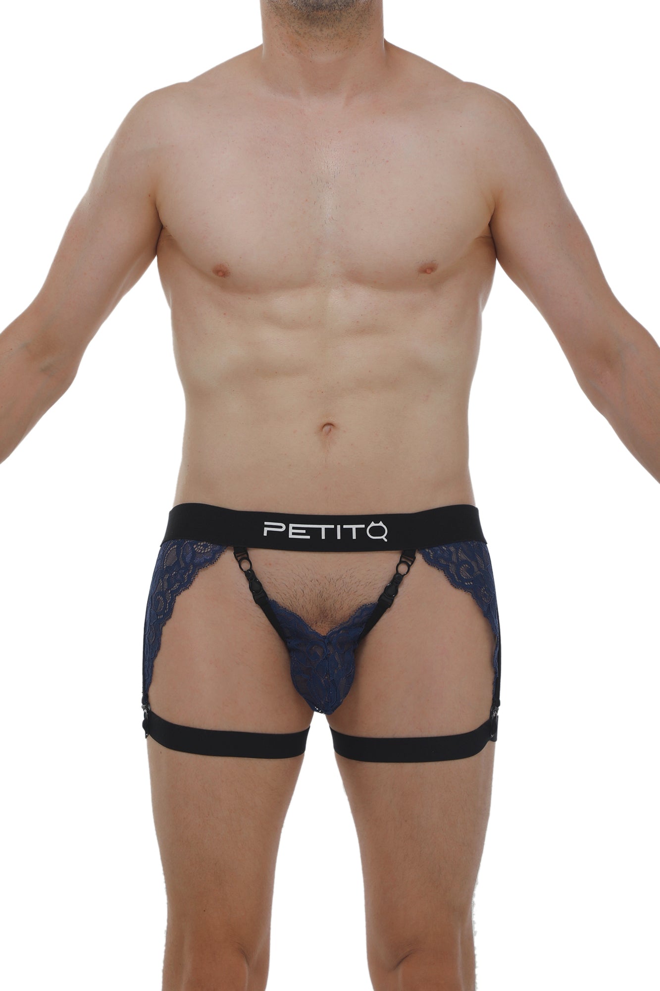 Dark blue lace-trimmed g-string briefs with black elastic straps featuring petitq brand logo lurris lace navy model