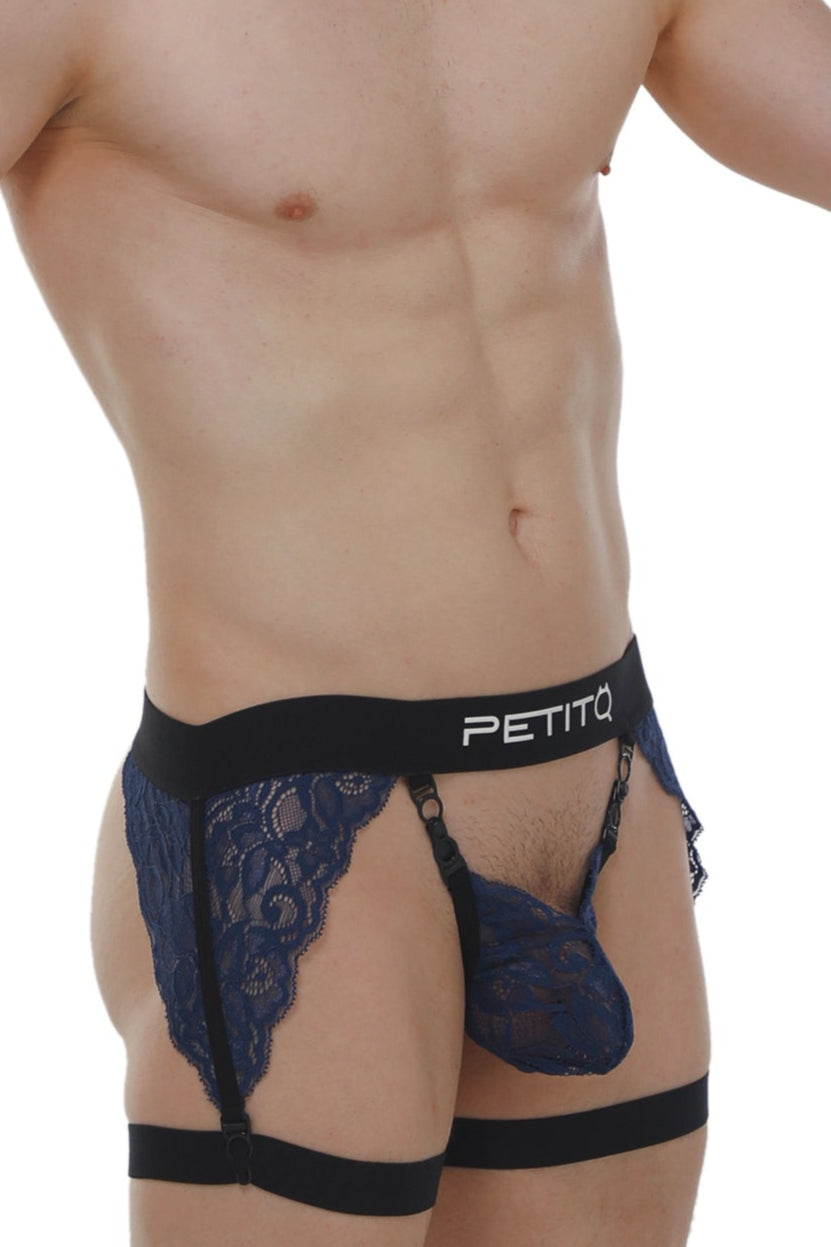 Navy blue lace thong g-string with black elastic waistband and leg straps featuring petitq brand logo