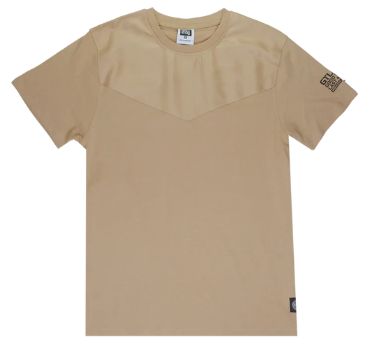 Beige GTL4 panel t-shirt with short sleeves, subtle geometric chest panel, and branded patches on sleeve and hem