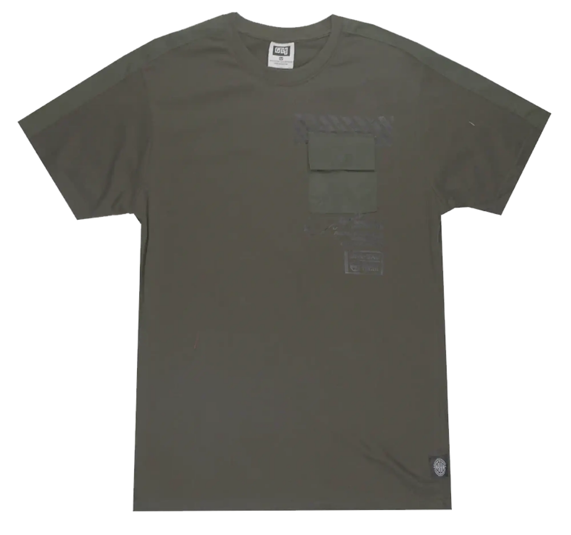 Olive green short-sleeved gtl4 panel t-shirt with chest pocket and subtle faded graphic details