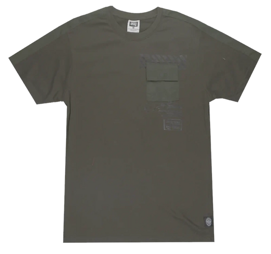 Olive green short-sleeved gtl4 panel t-shirt with chest pocket and subtle faded graphic details
