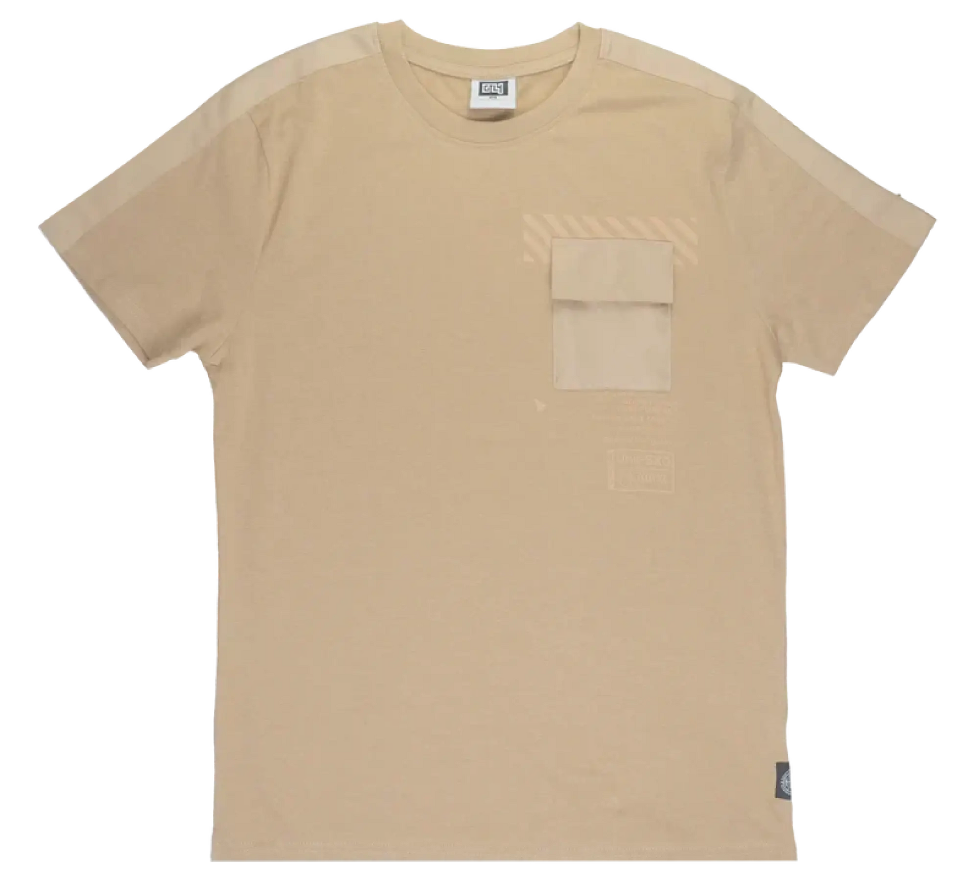 Beige gtl4 pocket t-shirt with short sleeves chest pocket and subtle diagonal stripe detailing on the front