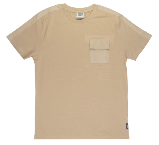 Beige gtl4 pocket t-shirt with short sleeves chest pocket and subtle diagonal stripe detailing on the front