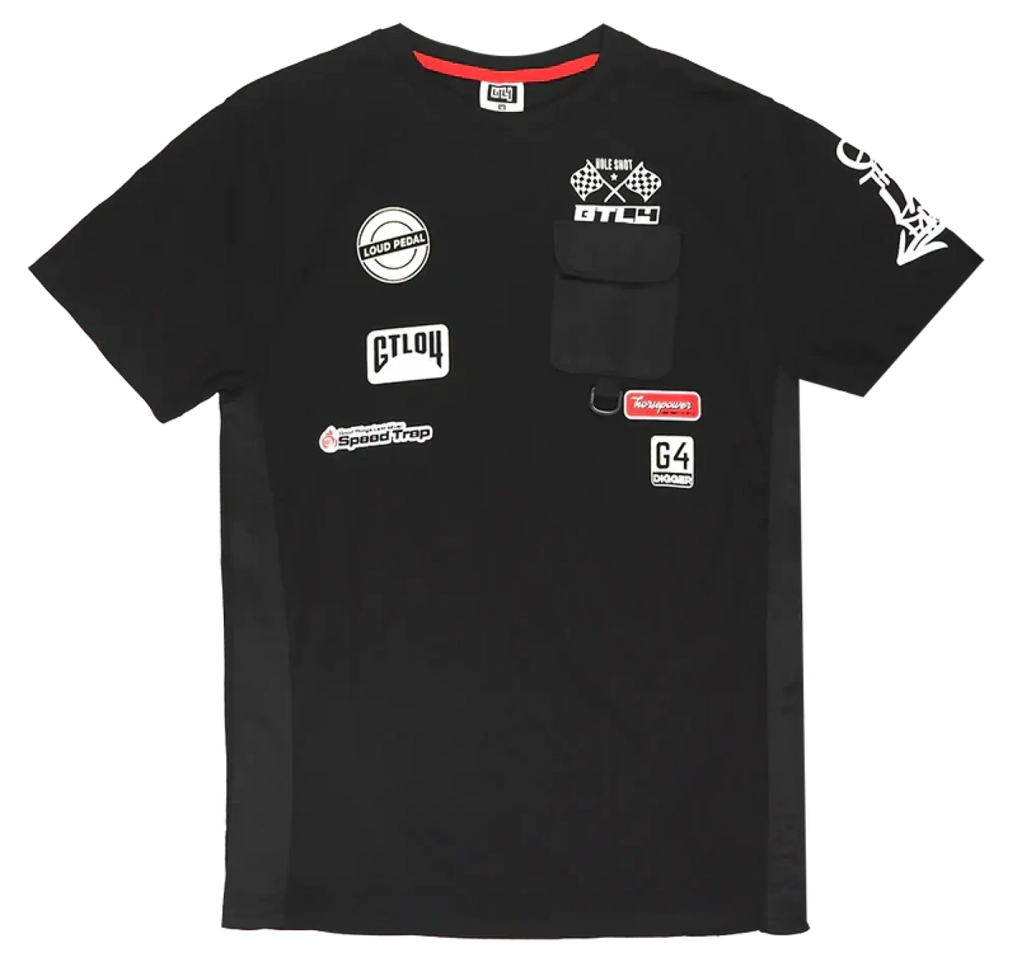Black short-sleeved cotton GTL4 pocket t-shirt with red collar trim and racing-themed patches on front with chest pocket