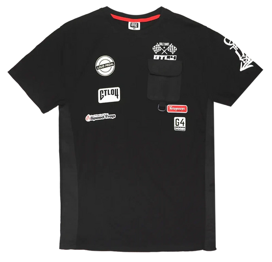 Black short-sleeved cotton GTL4 pocket t-shirt with red collar trim and racing-themed patches on front with chest pocket