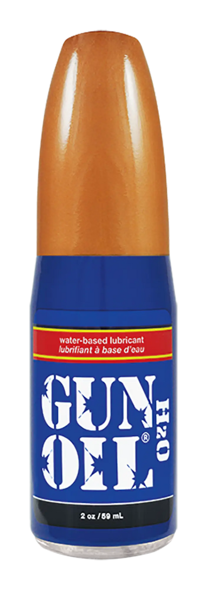 Blue and orange bottle of gun oil h2o 120 water-based lubricant for firearms maintenance and protection