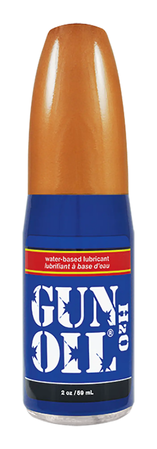 Blue and orange bottle of gun oil h2o 120 water-based lubricant for firearms maintenance and protection