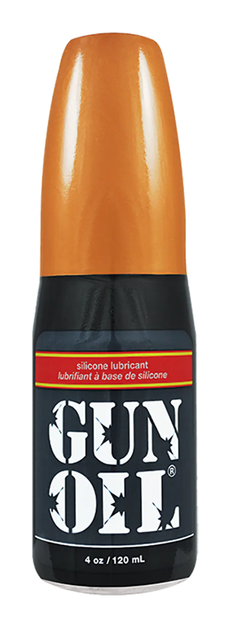 Orange-topped black bottle of gun oil silicone lubricant for firearm maintenance and protection