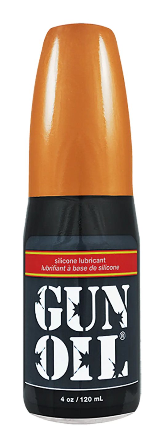Orange-topped black bottle of gun oil silicone lubricant for firearm maintenance and protection