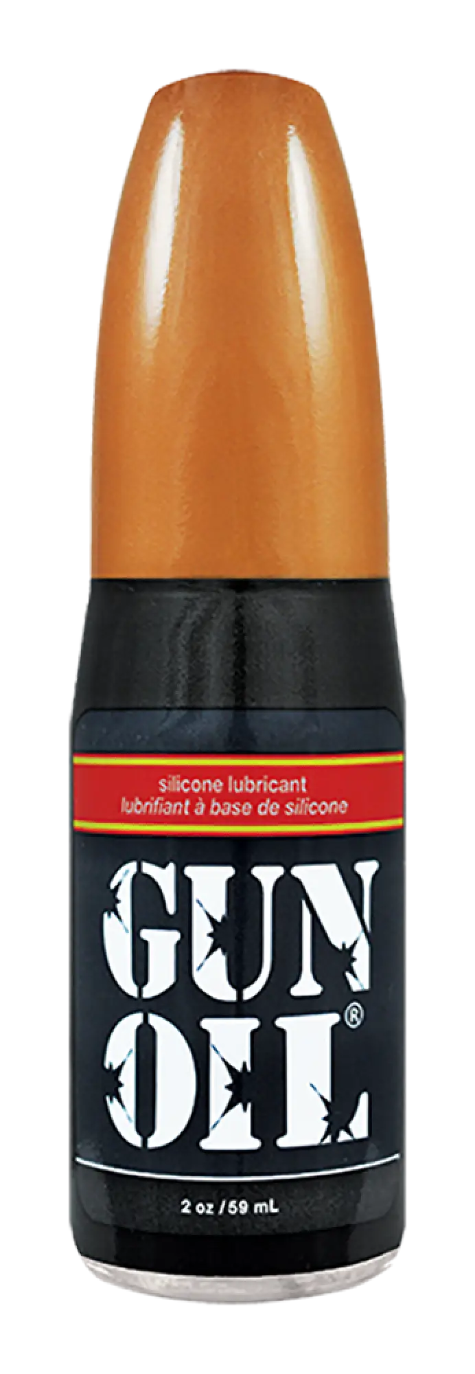 A sleek black bottle of gun oil silicone with a glossy orange cap and bold white label for lubrication use