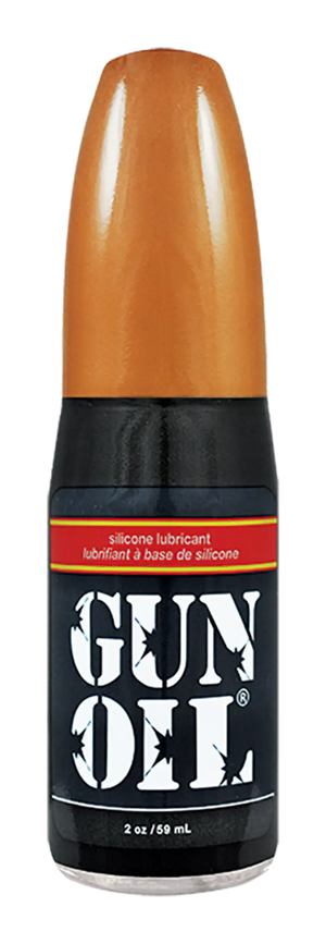 A sleek black bottle of gun oil silicone with a glossy orange cap and bold white label for lubrication use