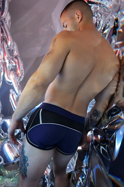 Navy blue and black Gymnetixxx athletic briefs with white trim designed for comfortable gym workouts