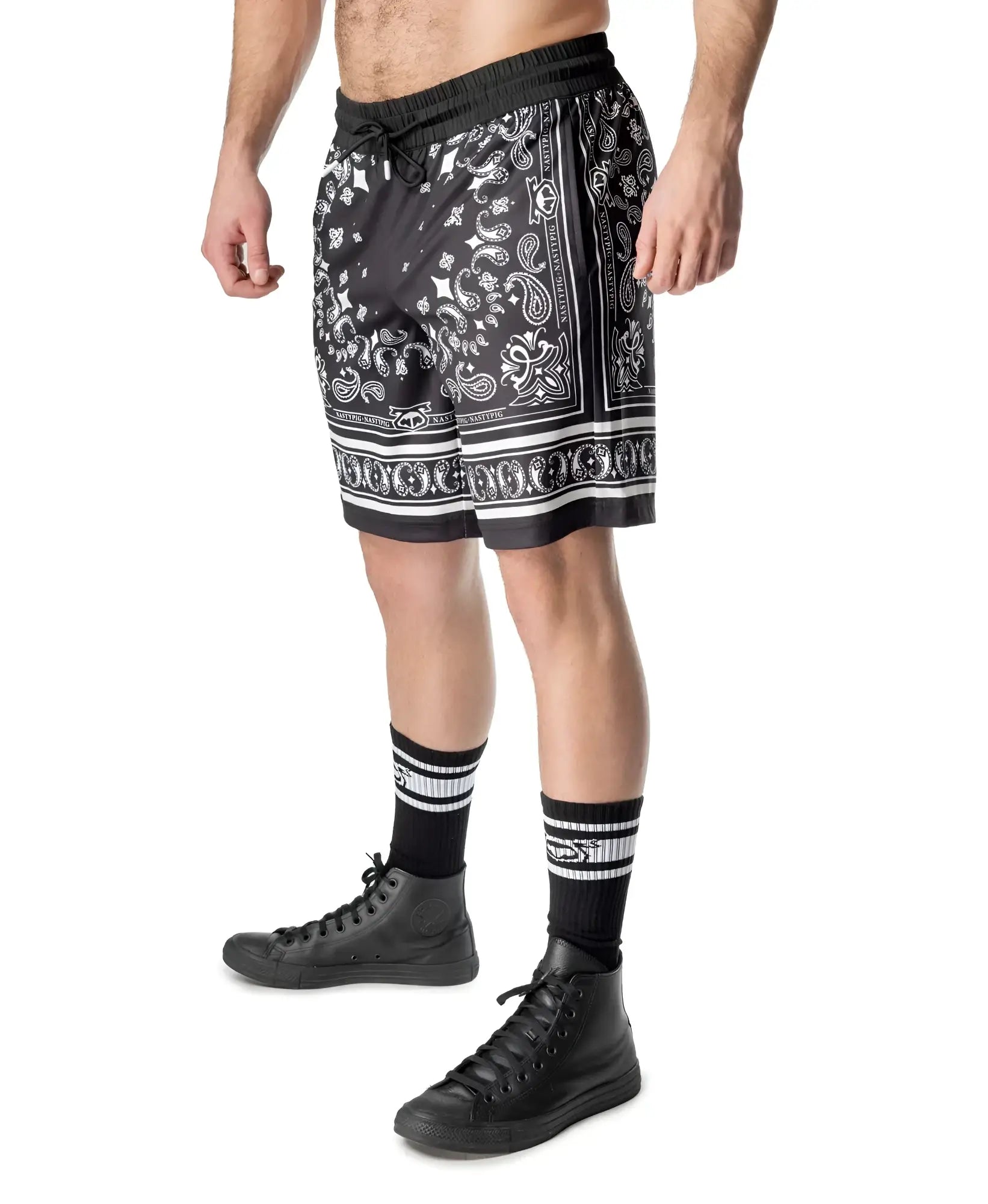 Black hank classic shorts featuring bandana pattern with white paisley and border details