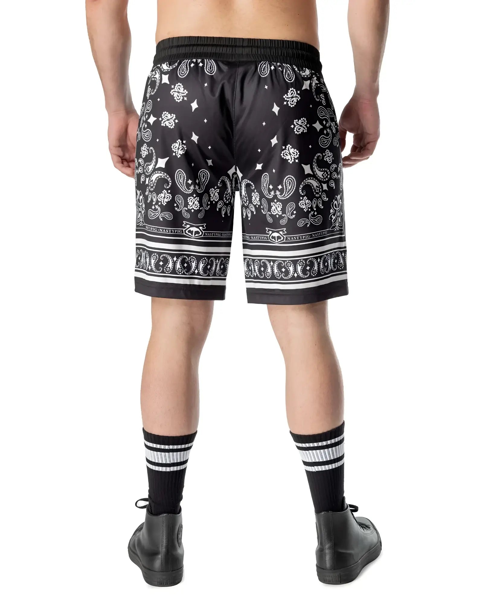 Hank classic short black bandana shorts with white paisley star motifs ribbed waistband and decorative hem trim