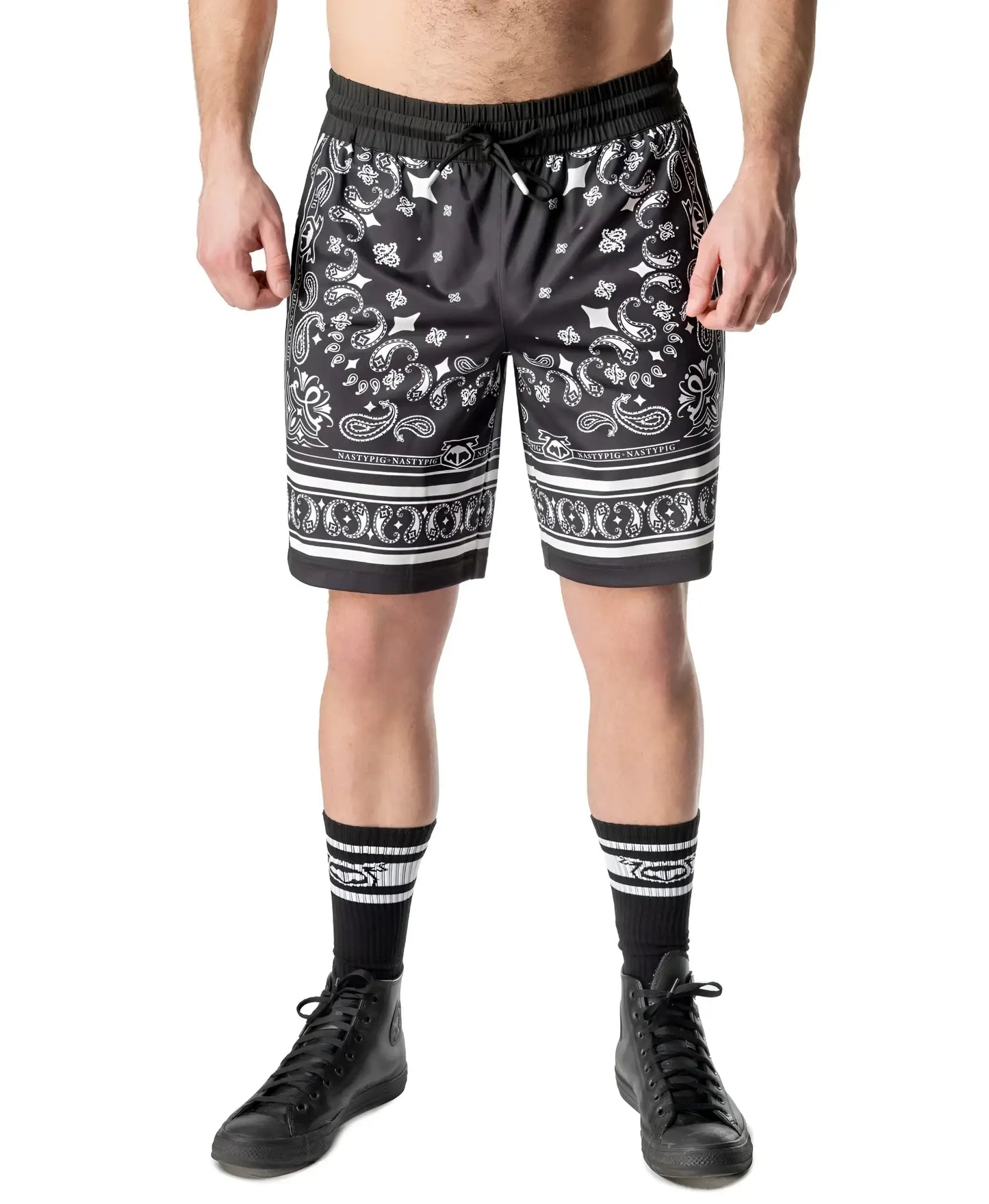 Hank classic short black shorts with white bandana pattern decorative trim elastic waistband and drawstring