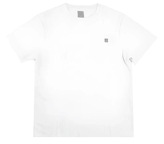 White hard luck waffle weave tee with short sleeves and subtle gray square logos on collar and chest