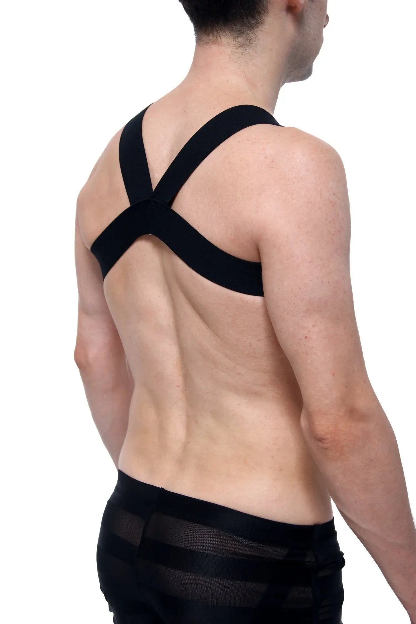 Black cross-back support strap harness petitq givet love shown from the back over the shoulders