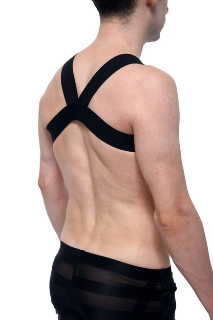 Black cross-back support strap harness petitq givet love shown from the back over the shoulders