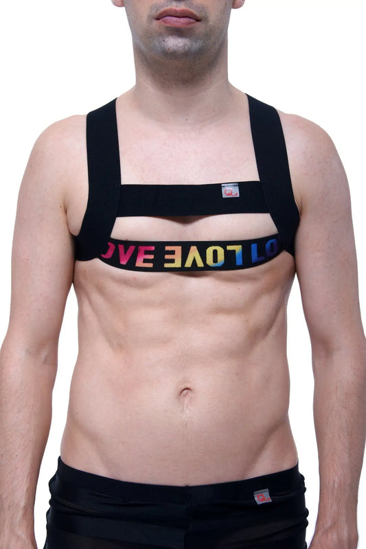 Black supportive chest strap harness petitq givet love with rainbow-colored love lettering across the front