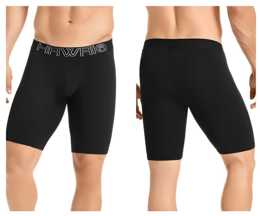 Black hawaii brand men’s compression boxer briefs in solid black with a white logo waistband for athletic use