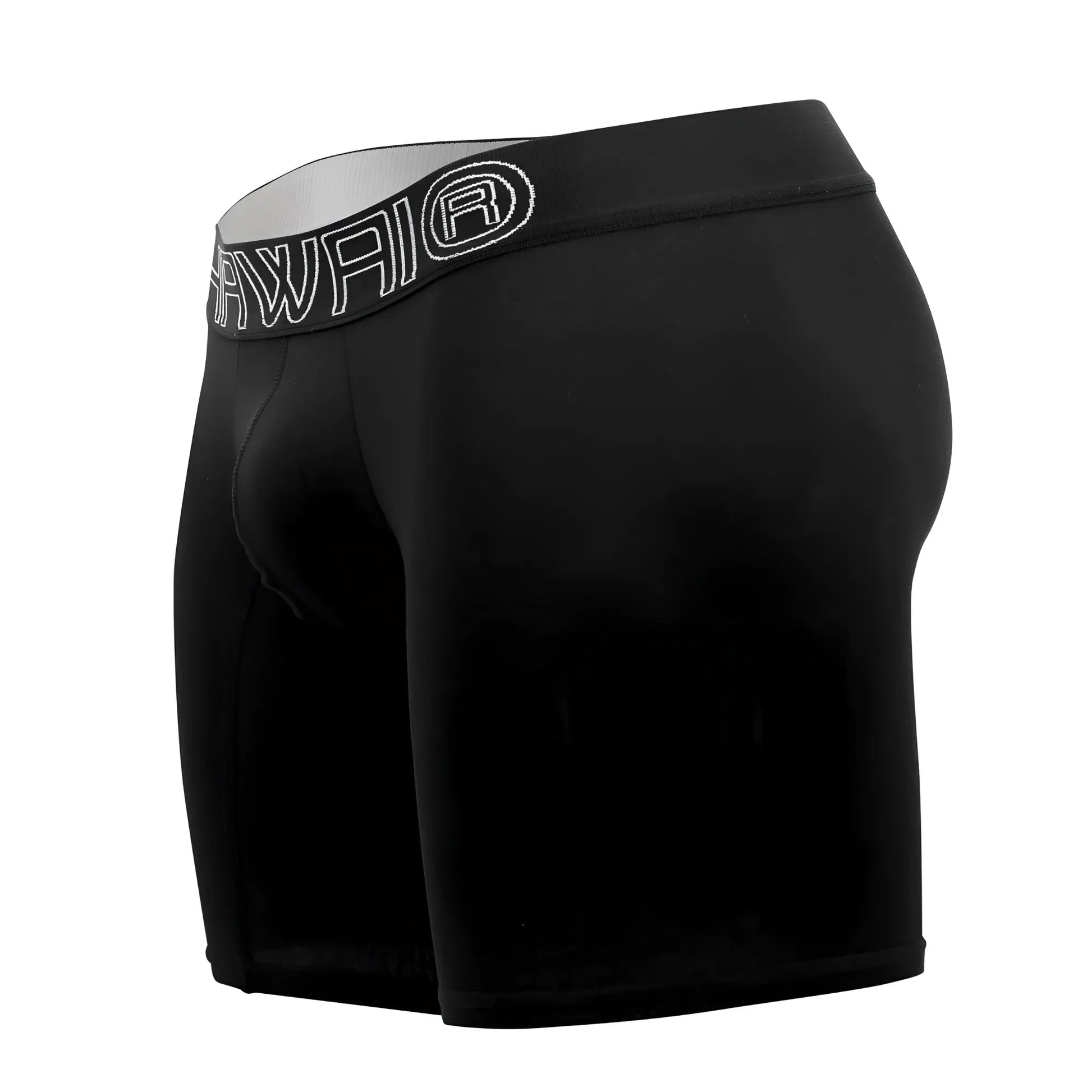 Black men’s hawa 41903 solid athletic boxer briefs with gray waistband and white awaiq logo for active wear