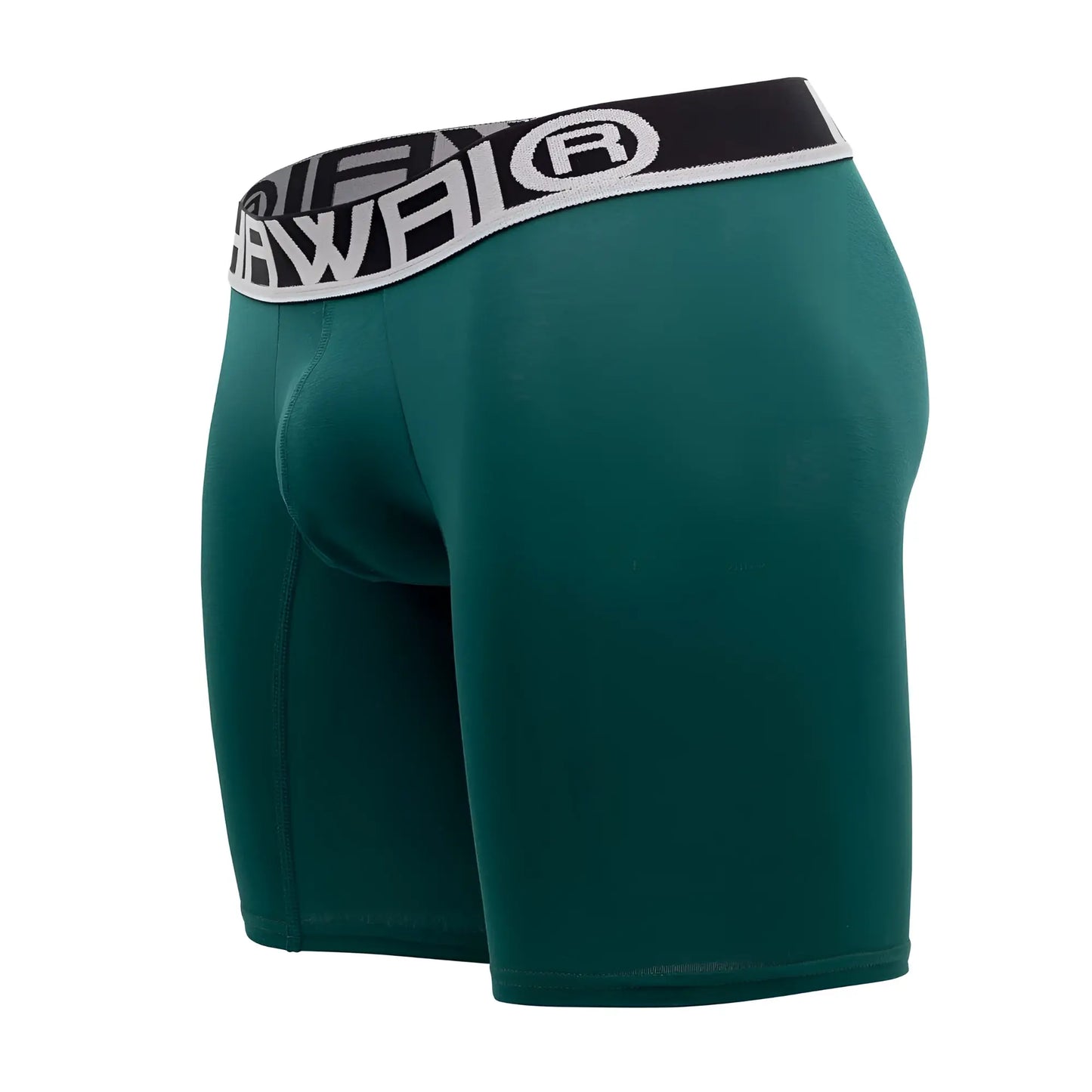 Dark green Hawai 41903 solid athletic boxer briefs with black and white elastic waistband featuring the brand logo