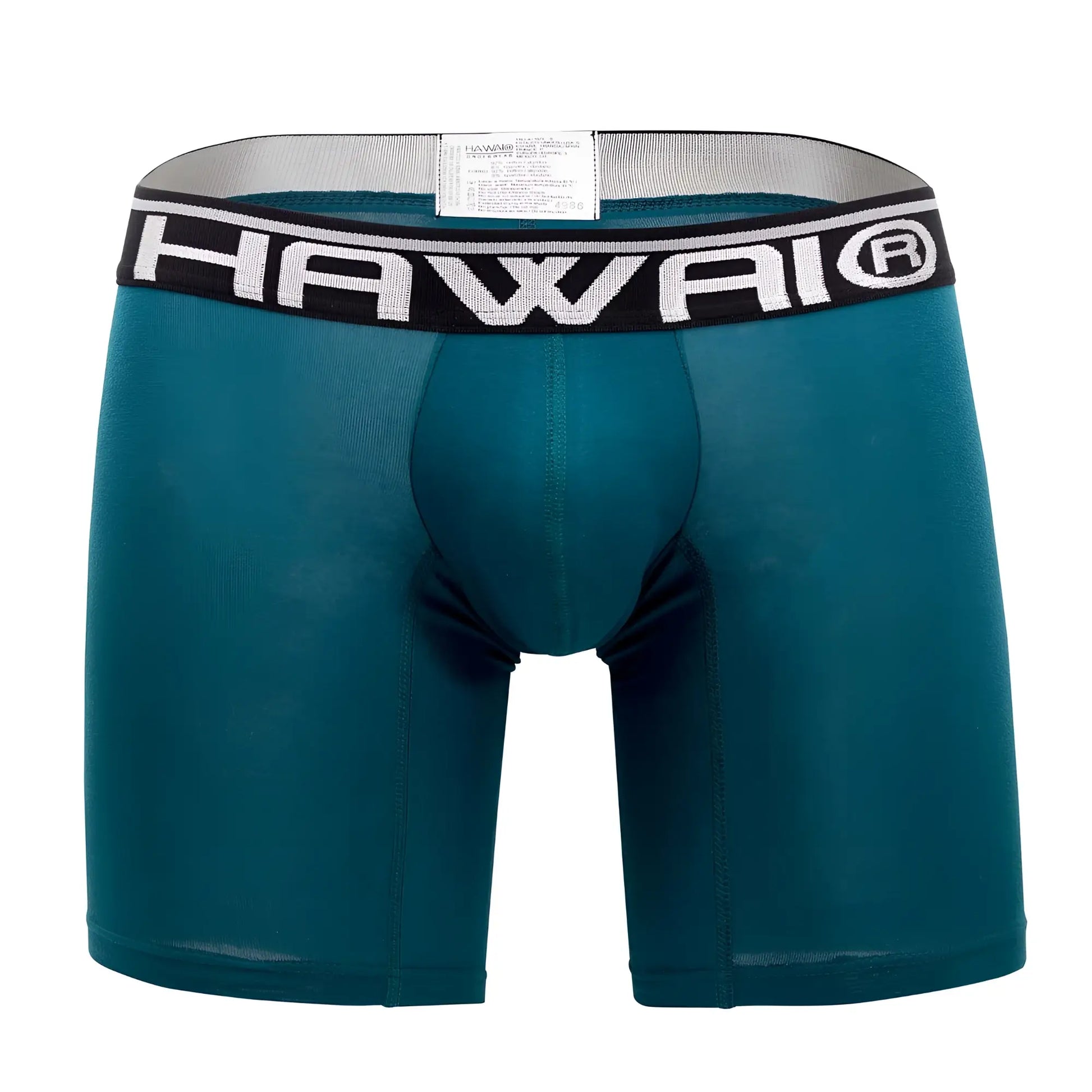 Hawaiian brand hawai 41903 solid athletic boxer briefs in teal with a black waistband featuring white lettering