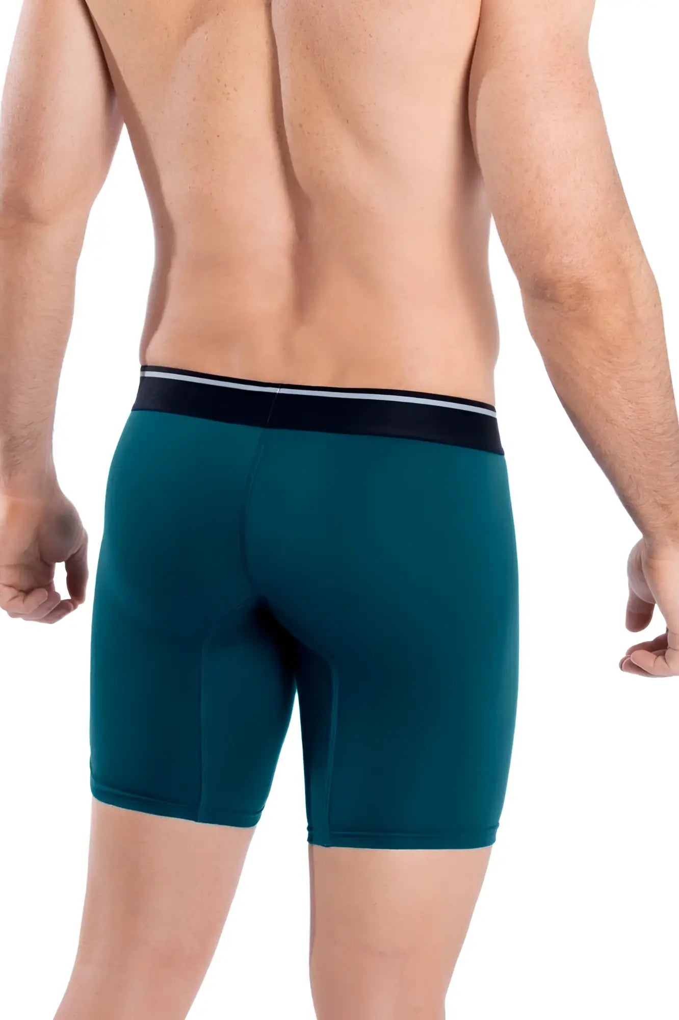 Teal solid athletic men’s boxer briefs with black waistband and white trim in petrol color HAWAI 41903 style