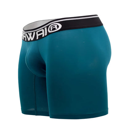 Teal-colored men’s athletic boxer briefs with black waistband and white hawai logo in petrol color for active wear