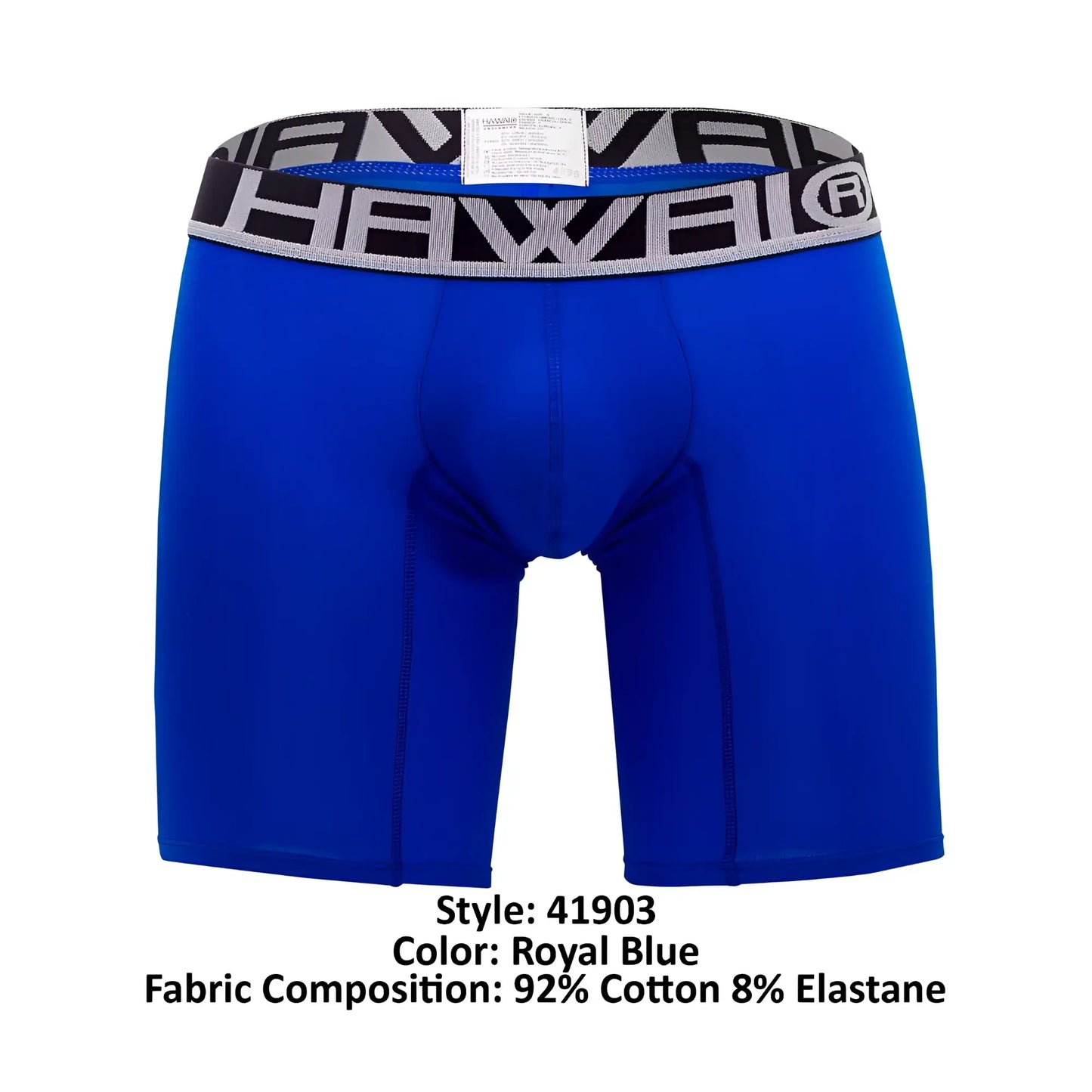 Royal blue solid athletic boxer briefs with a black and gray patterned waistband featuring the HAWAI logo