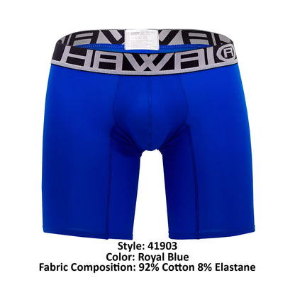 Royal blue solid athletic boxer briefs with a black and gray patterned waistband featuring the HAWAI logo