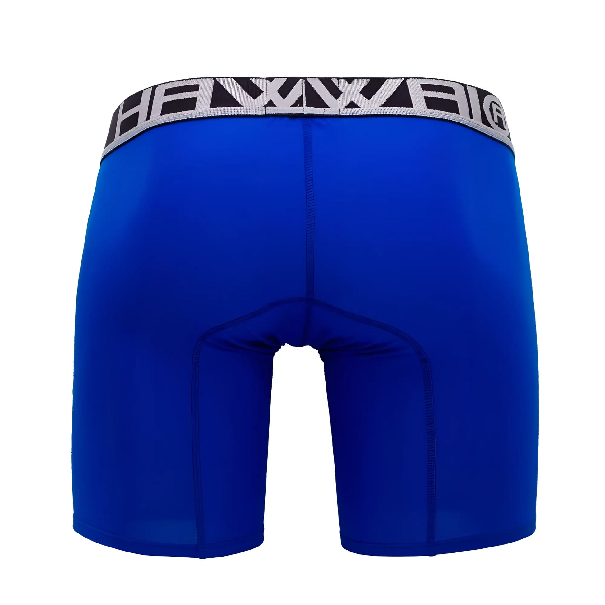 Bright blue royal blue solid athletic boxer briefs with black and gray branded waistband for active wear