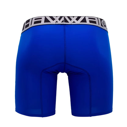 Bright blue royal blue solid athletic boxer briefs with black and gray branded waistband for active wear