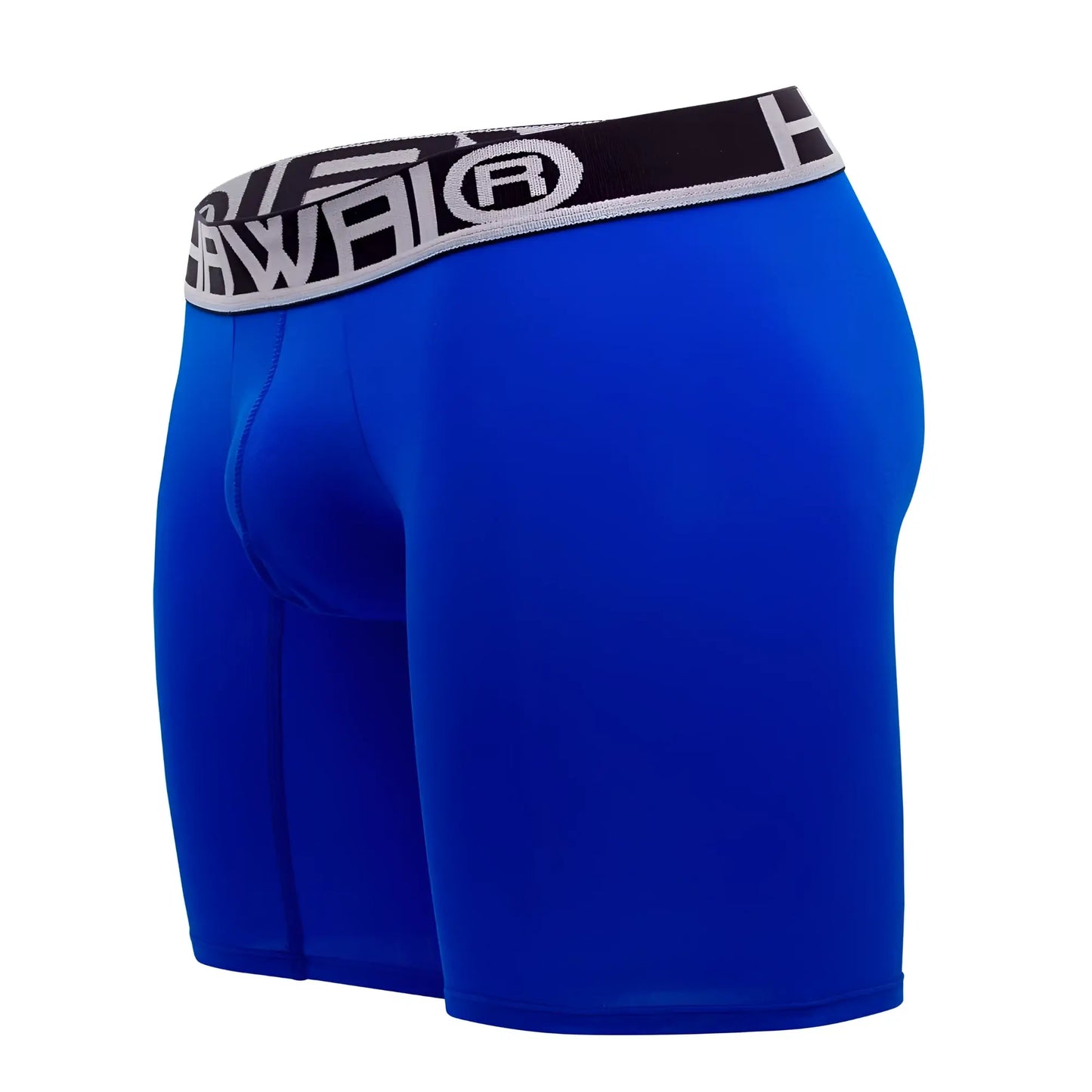 Bright blue hawai 41903 solid athletic men’s boxer briefs with black and gray elastic waistband and logo