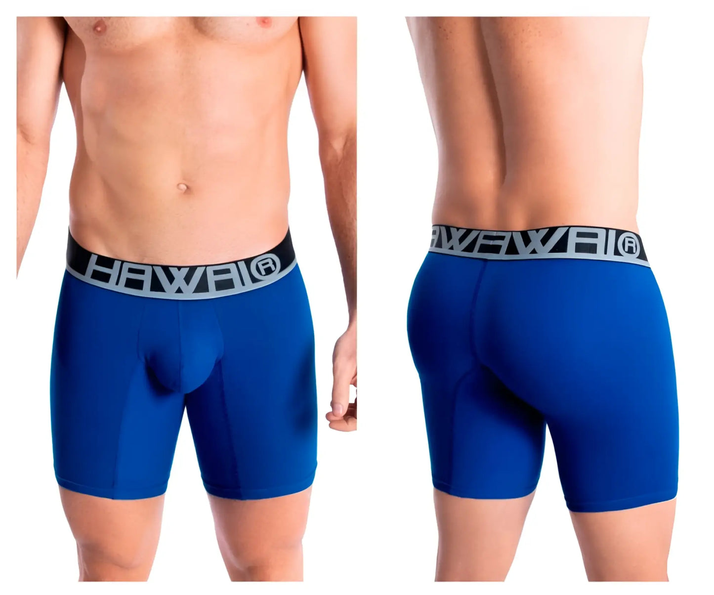 Blue hawai brand men’s royal blue solid athletic boxer briefs with black waistband featuring gray lettering