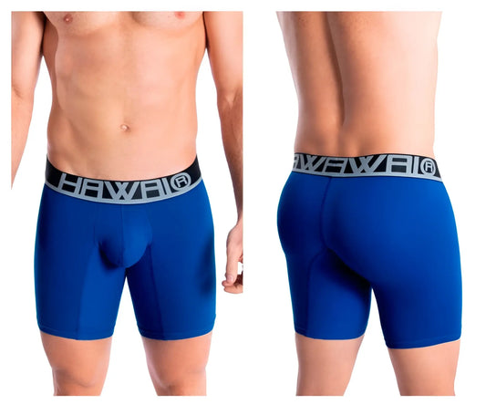Blue hawai brand men’s royal blue solid athletic boxer briefs with black waistband featuring gray lettering