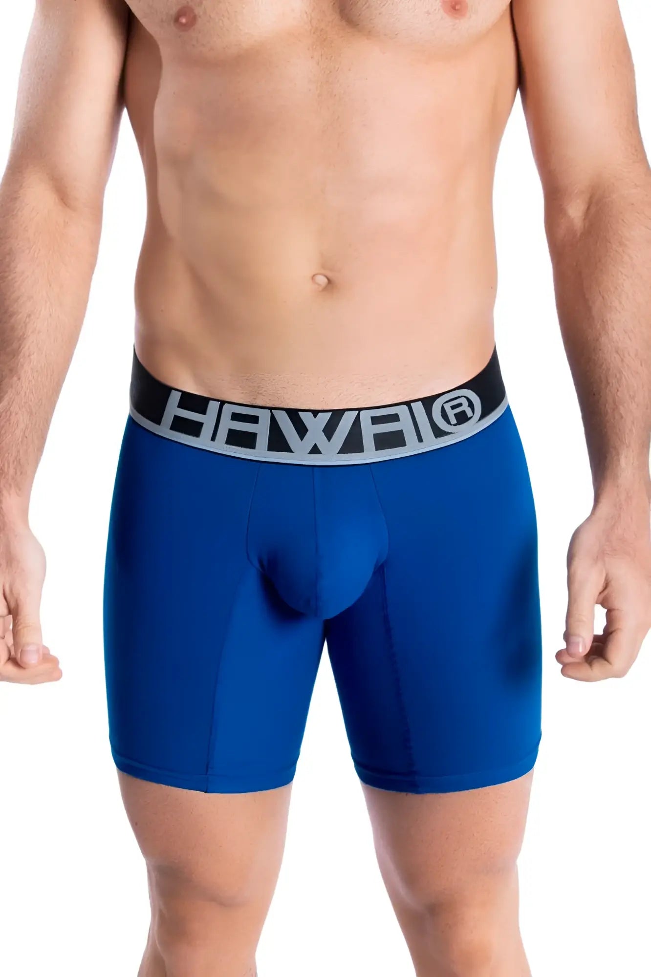 Blue men’s solid athletic boxer briefs with a black waistband featuring the hawaii logo in silver lettering