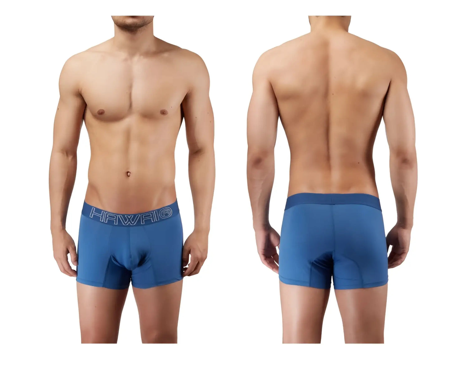 Blue quartz hawaai 41948 boxer briefs with a darker blue waistband featuring the hawaii logo in white lettering