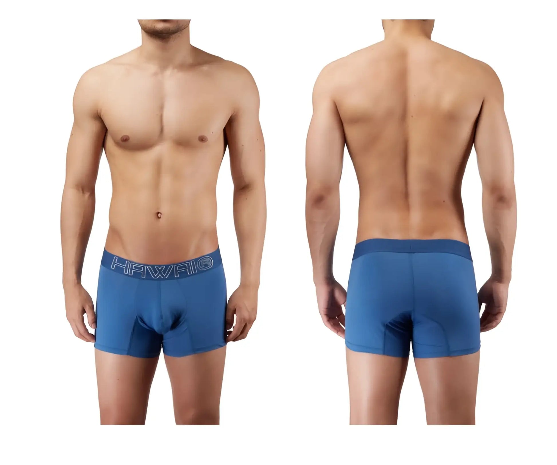 Blue quartz hawaai 41948 boxer briefs with a darker blue waistband featuring the hawaii logo in white lettering