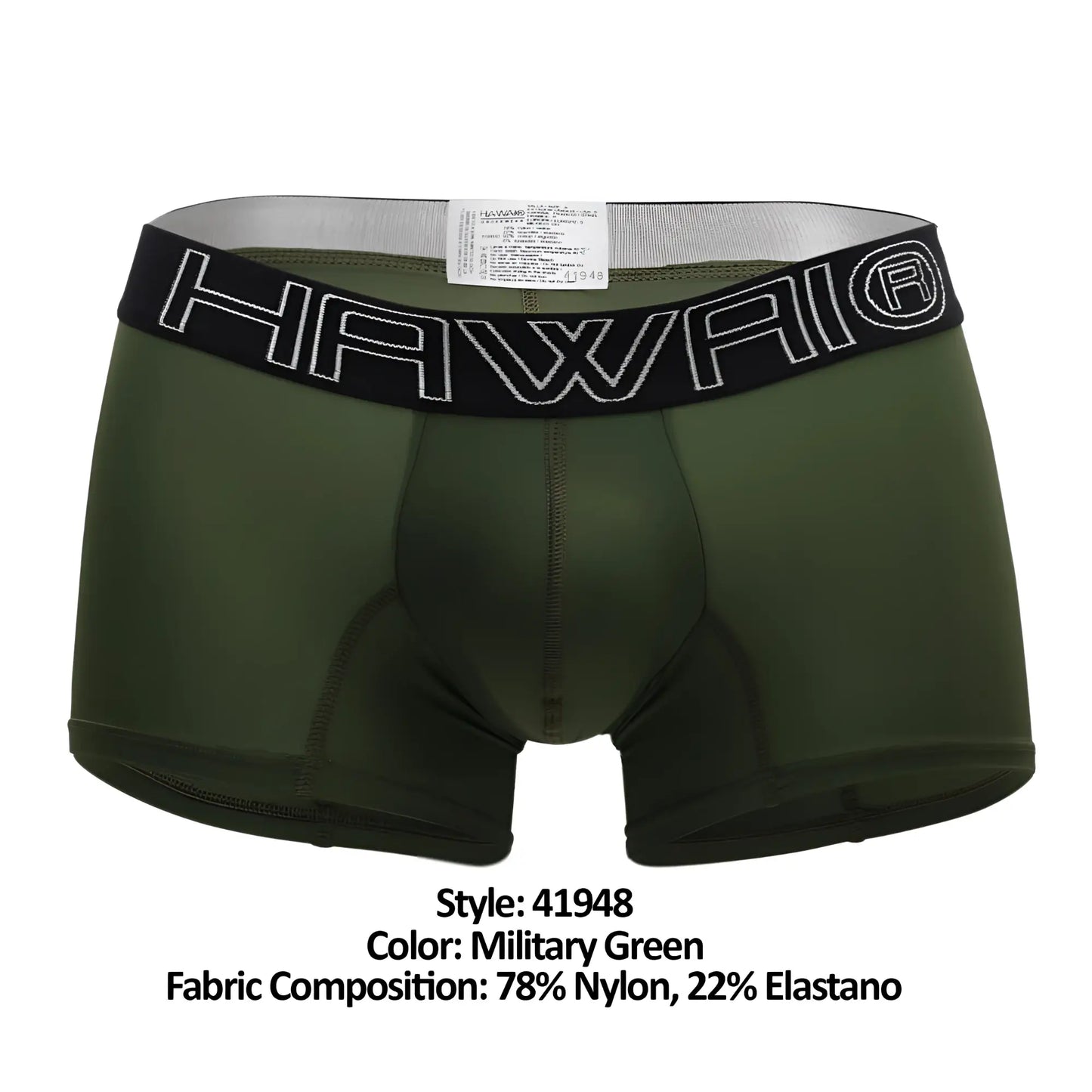 Military green hawaii 41948 boxer briefs with black waistband and white outlined lettering for comfortable support