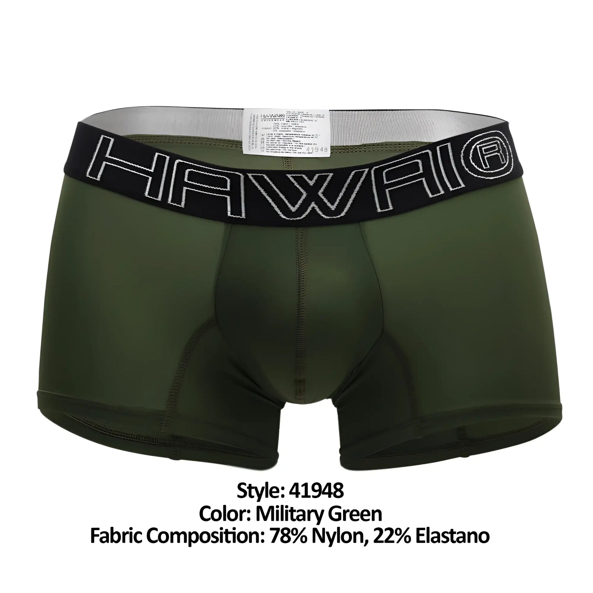 Military green hawaii 41948 boxer briefs with black waistband and white outlined lettering for comfortable support