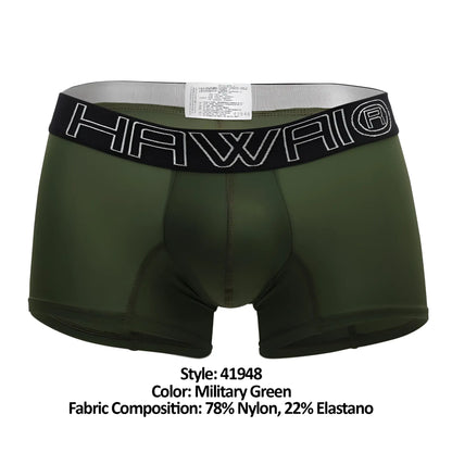 Military green hawaii 41948 boxer briefs with black waistband and white outlined lettering for comfortable support