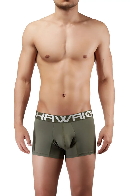 Olive green hawai 41948 boxer briefs with a white logo band made from soft breathable fabric for everyday comfort