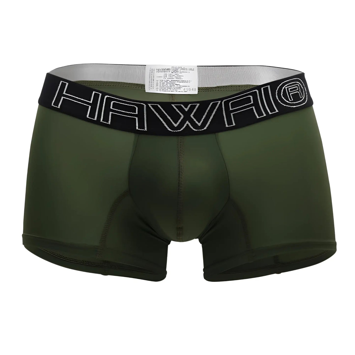 Olive green men’s boxer briefs with black elastic waistband featuring hawaii logo in white outlined lettering military green