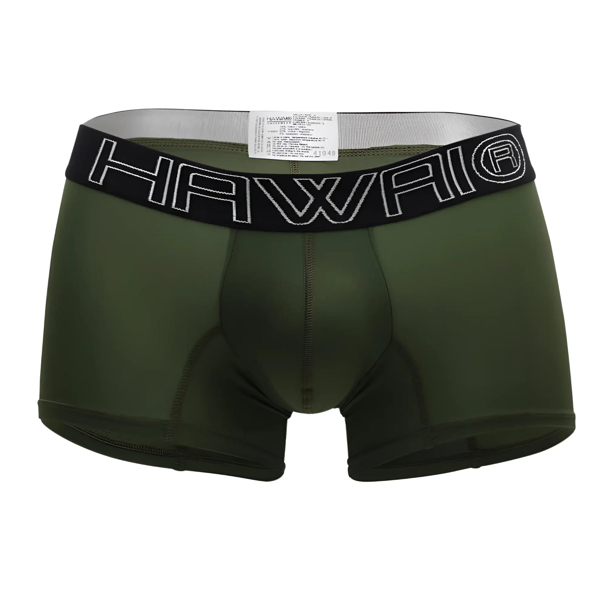 Olive green men’s boxer briefs with black elastic waistband featuring hawaii logo in white outlined lettering military green