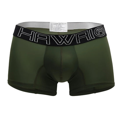 Olive green men’s boxer briefs with black elastic waistband featuring hawaii logo in white outlined lettering military green