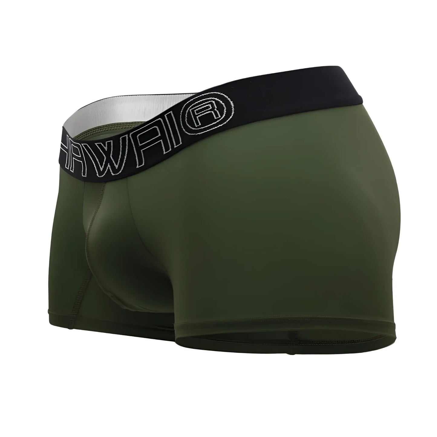 Olive green hawai 41948 boxer briefs with black elastic waistband featuring white outlined hawaii logo